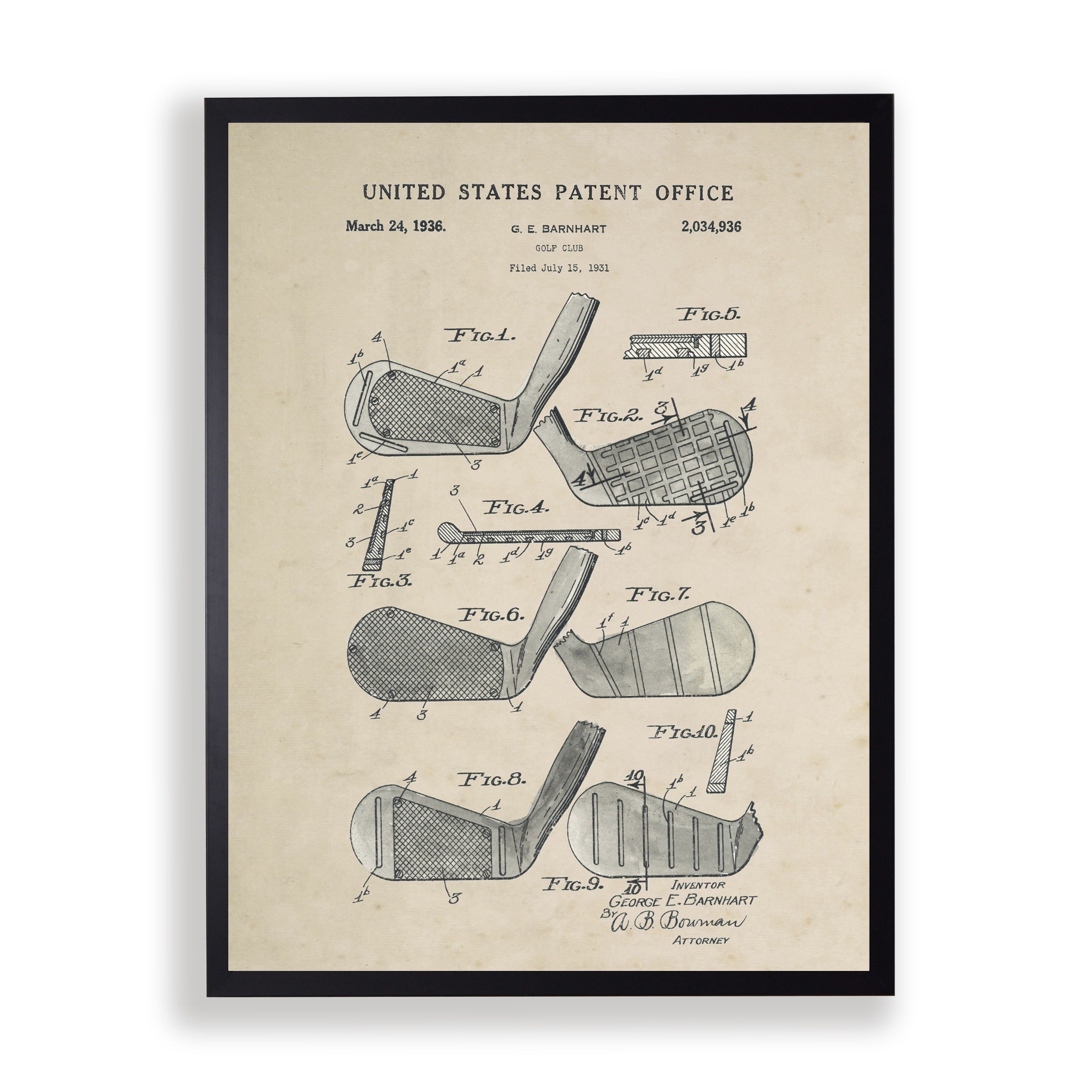 Golf Clubs Patent in Black Frame