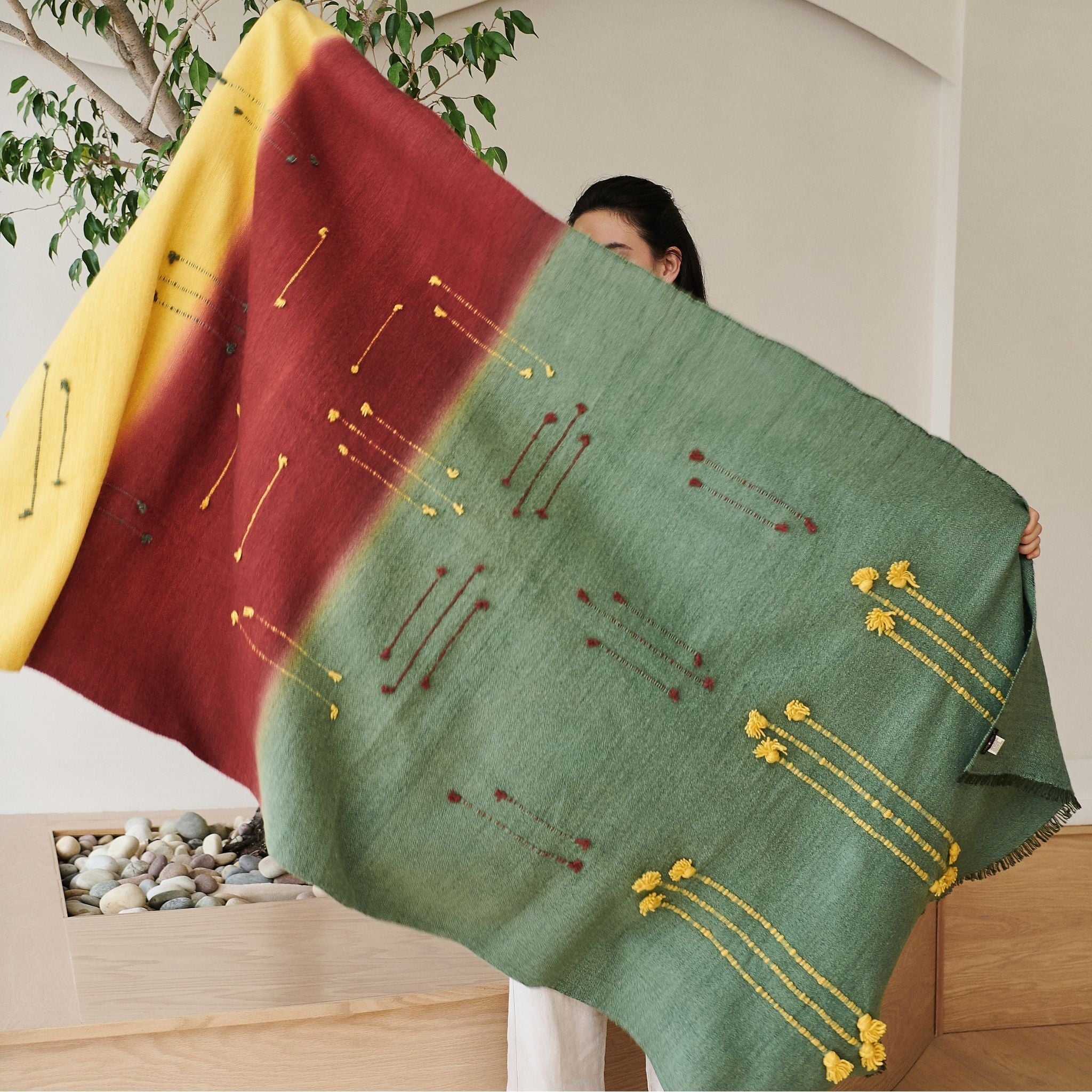 Avocado Green Multi Color Warm Hues Hand Woven Hand Knotted Textured Merino Throw
