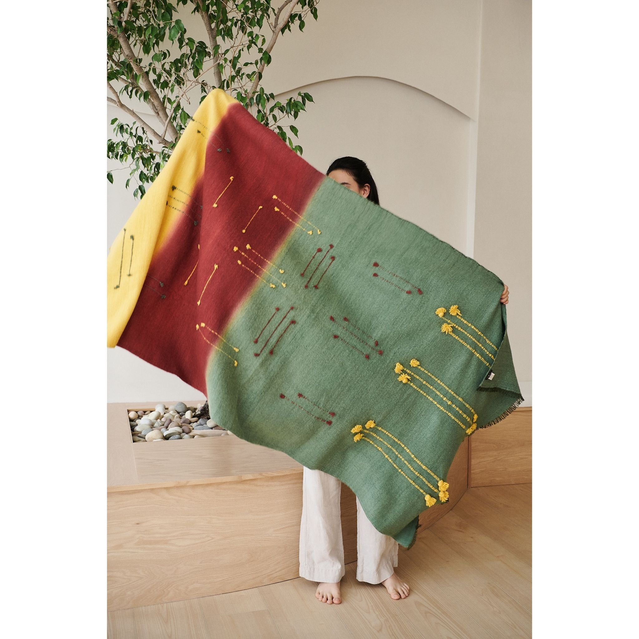 Avocado Green Multi Color Warm Hues Hand Woven Hand Knotted Textured Merino Throw