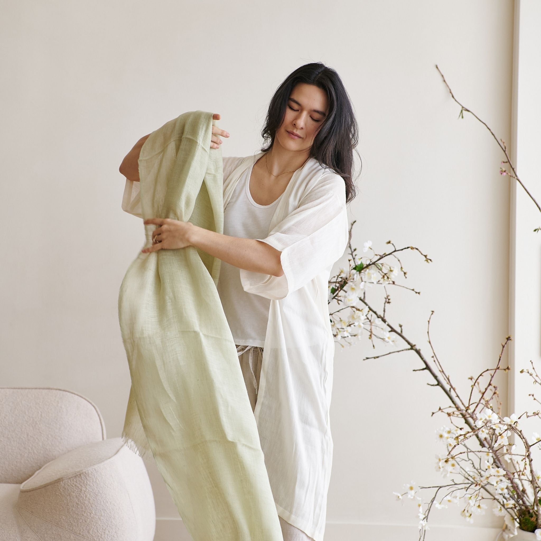 Soya Pastel Lime Green Hand Woven Soft Linen Scarf