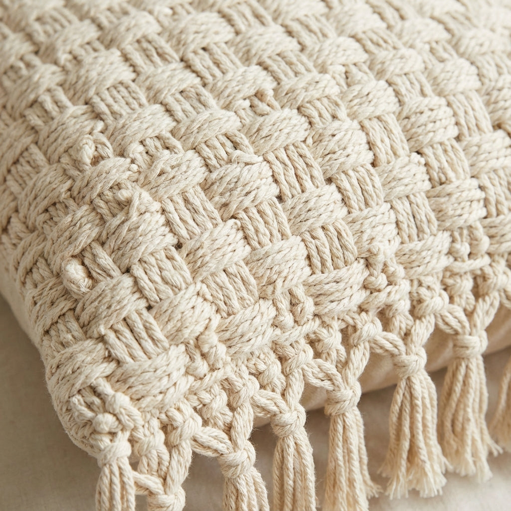 Handwoven Cotton Cushion Cover with Macramé Fringe