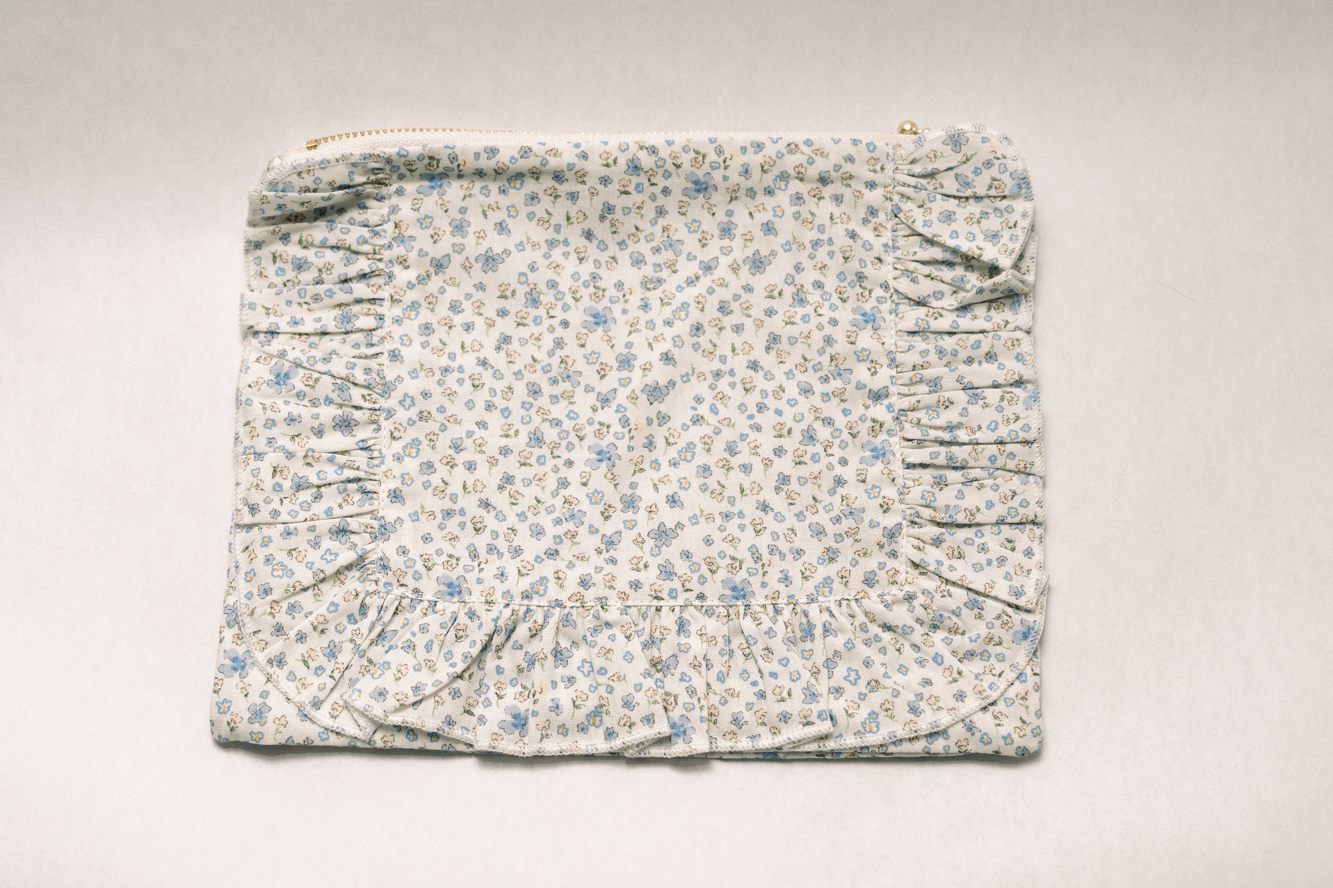 Bluebell Charm | Timeless Floral Ruffle Zipper Pouch