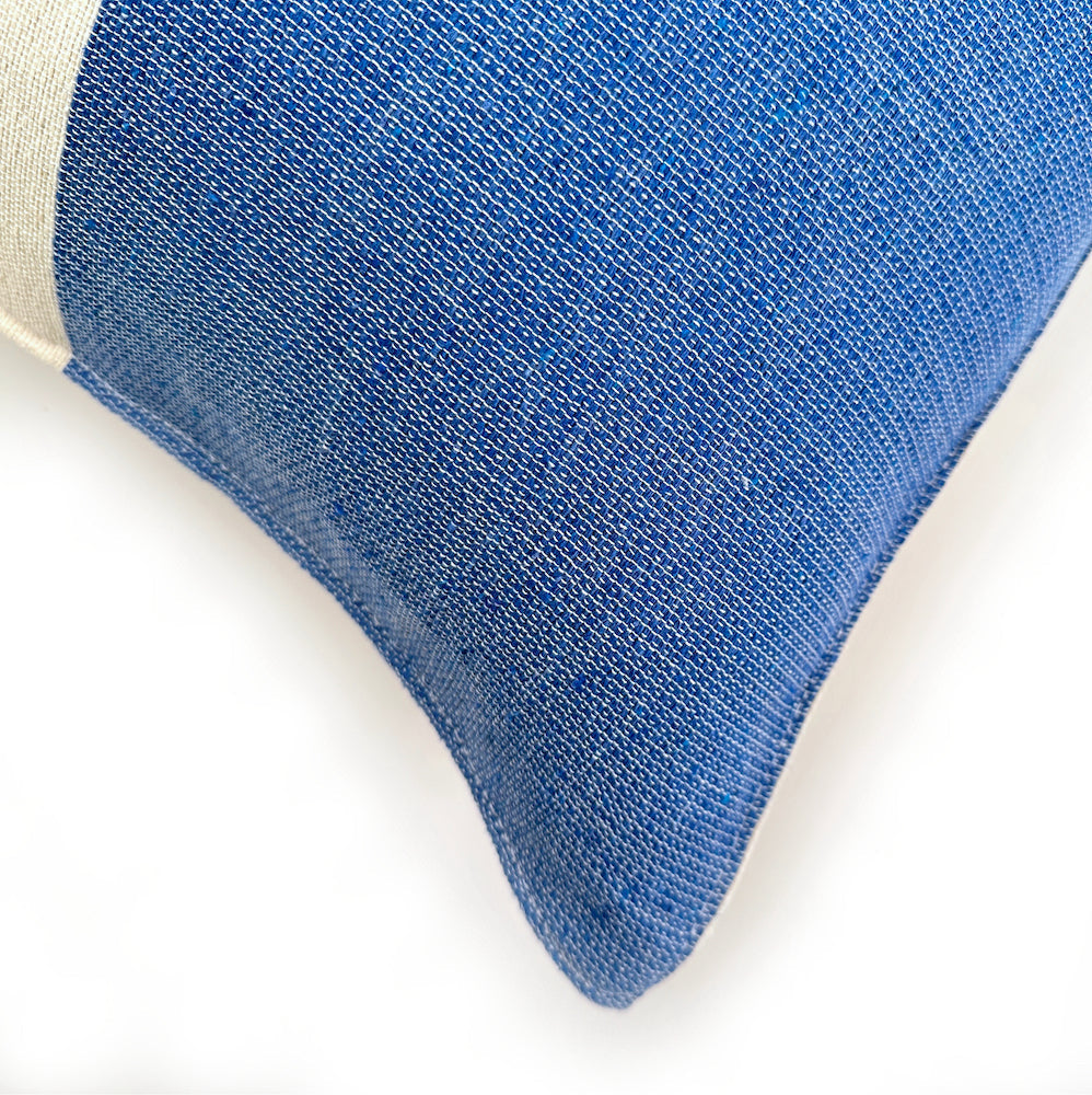 Woven Block Pillow Case - Natural with Blue