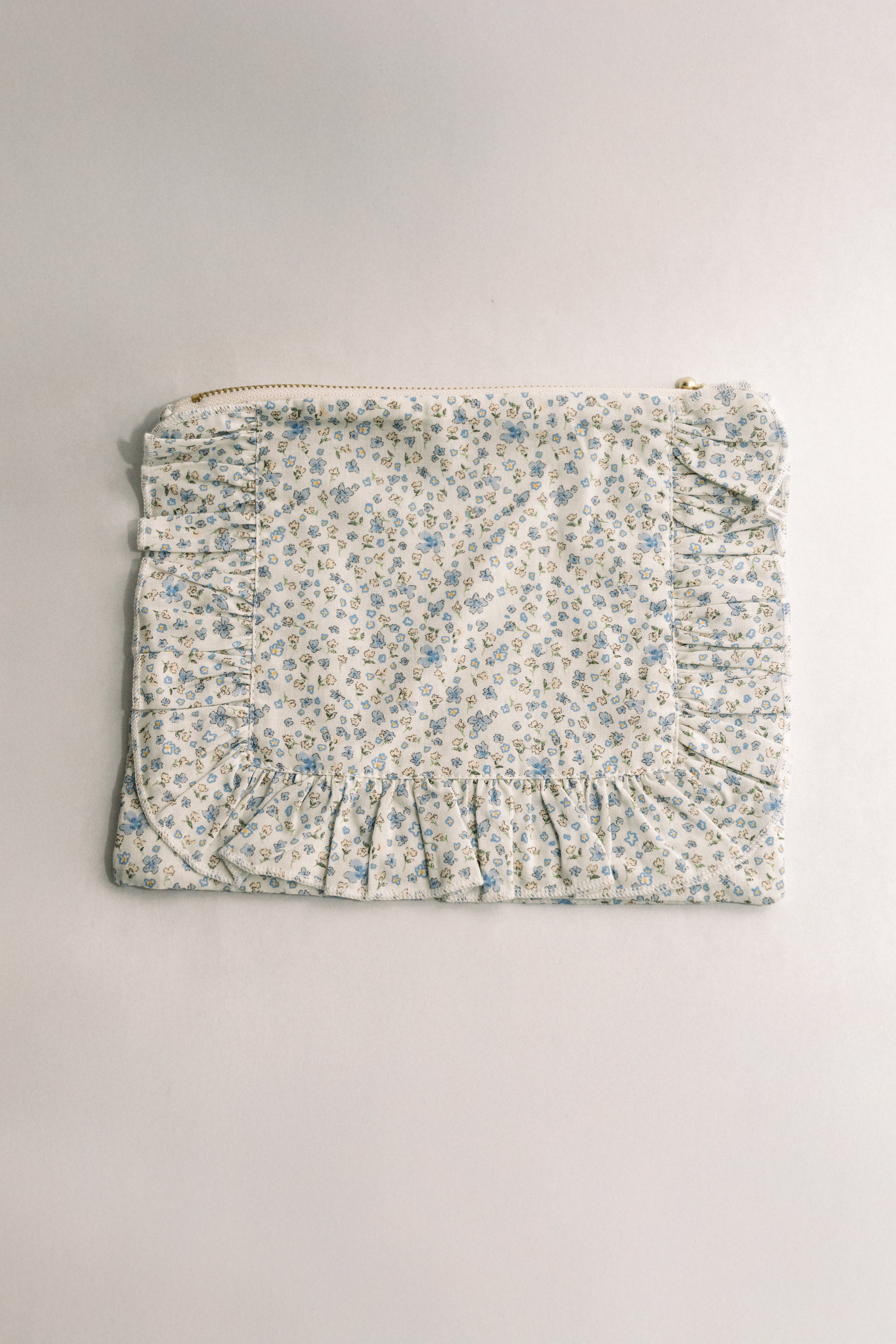 Bluebell Charm | Timeless Floral Ruffle Zipper Pouch