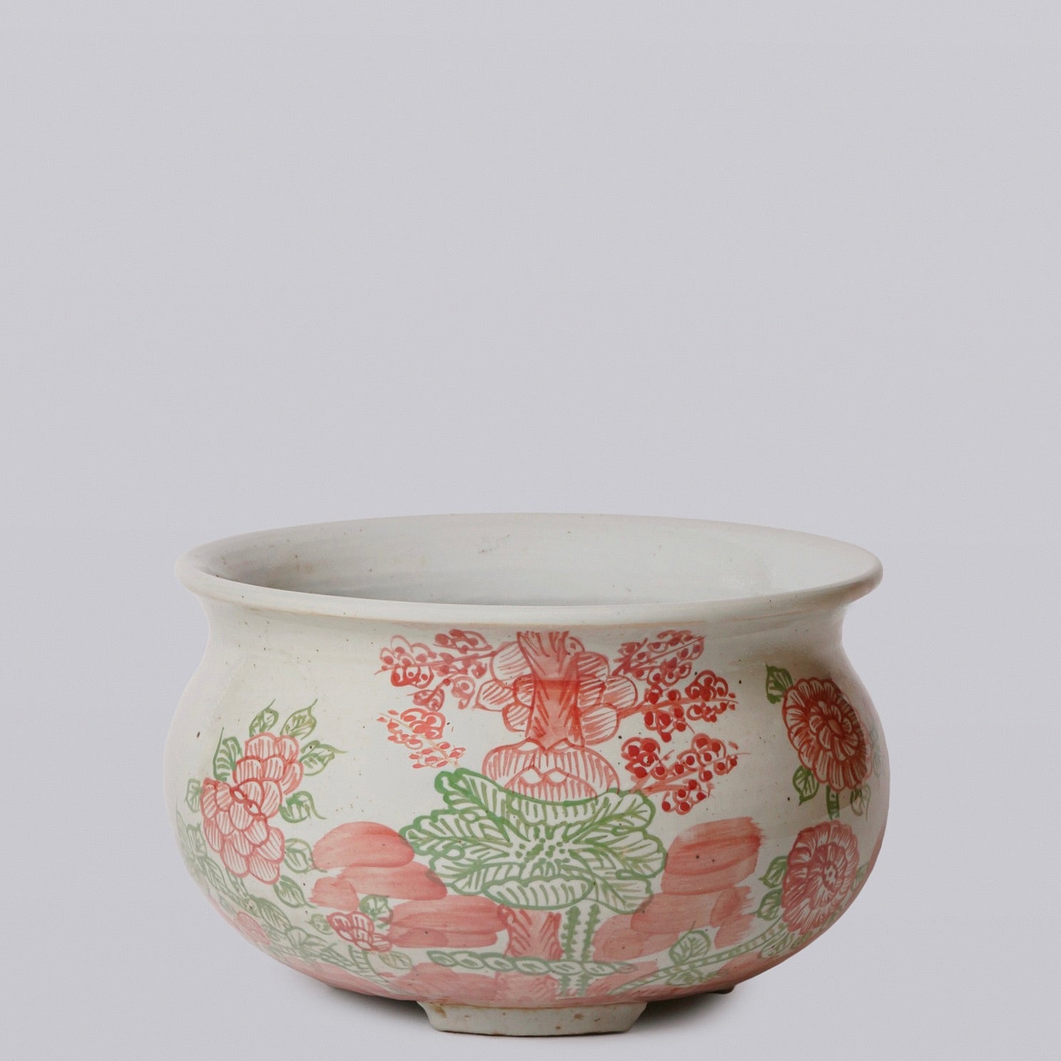 Rustic Four Seasons Pink & Green Porcelain Bulbous Cachepot