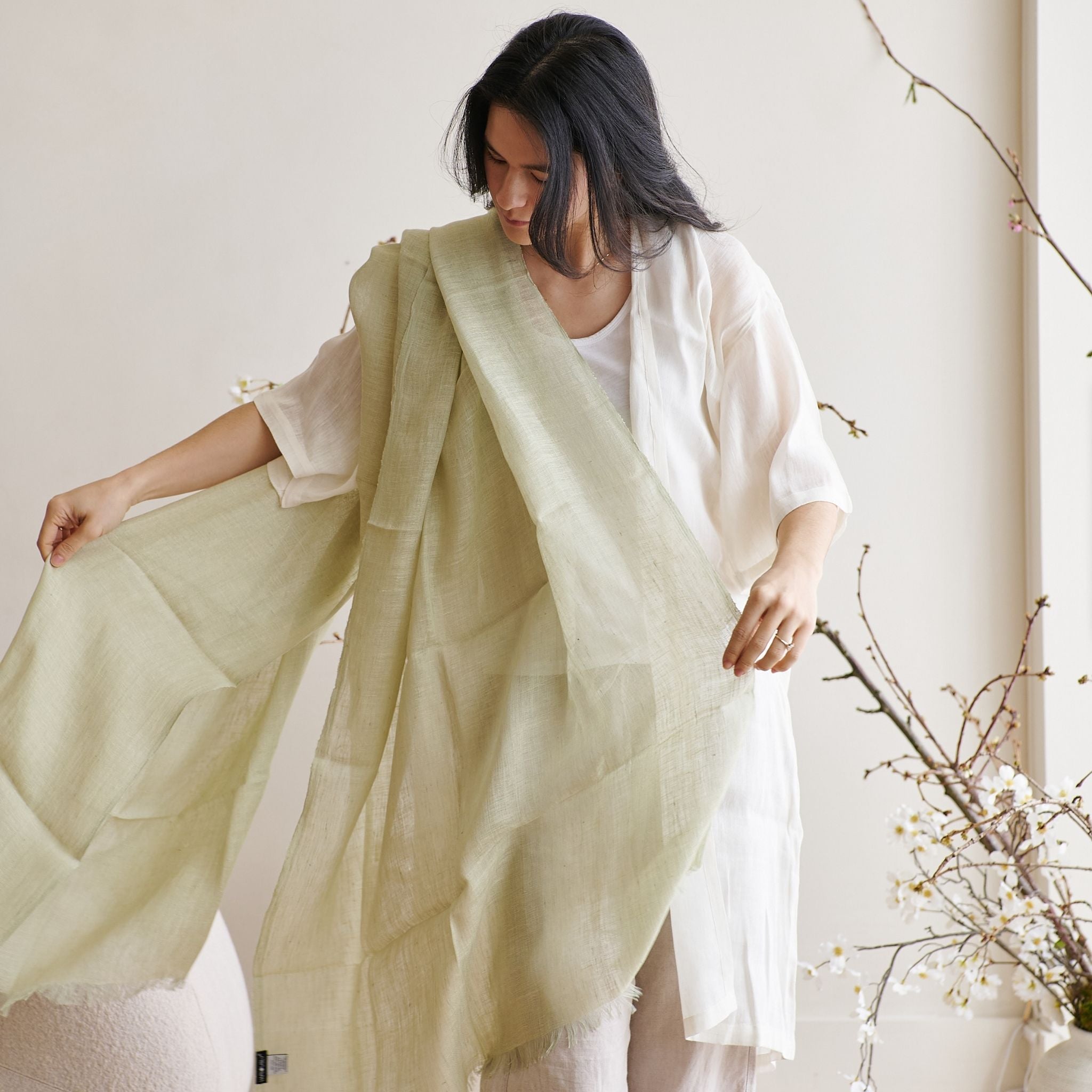 Soya Pastel Lime Green Hand Woven Soft Linen Scarf
