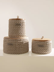 Round Storage Baskets w/ Wooden Lid