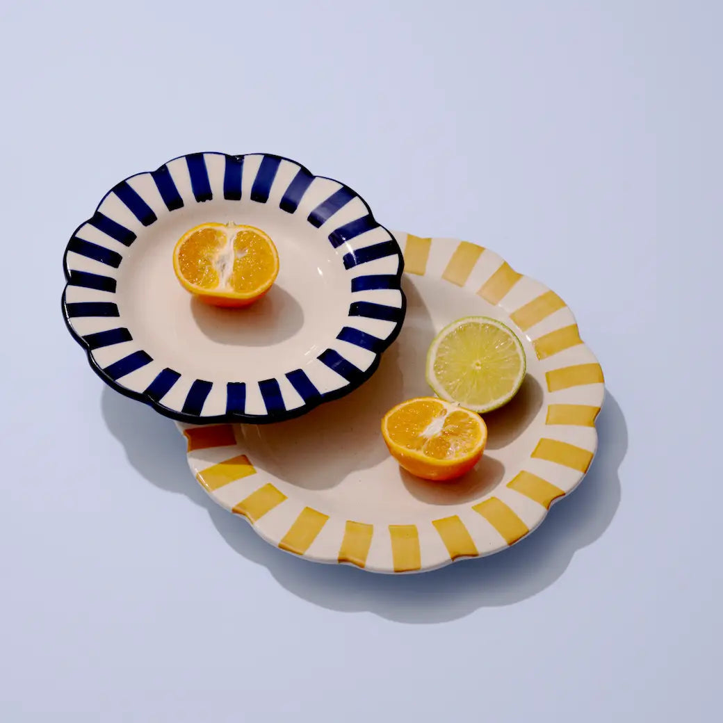 Ceramic Stripe Dinner Plate, Yellow - 10 x 10 x 1.25 Inches ( Set of 2 )