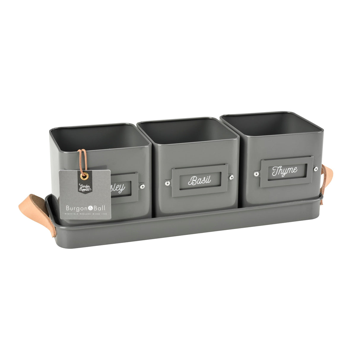Burgon & Ball® 3 Herb Pots with Leather Handled Tray, Charcoal