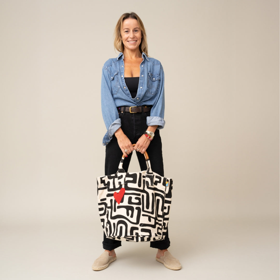 Weekender Bag - Black Kuba with Red Beaded Heart