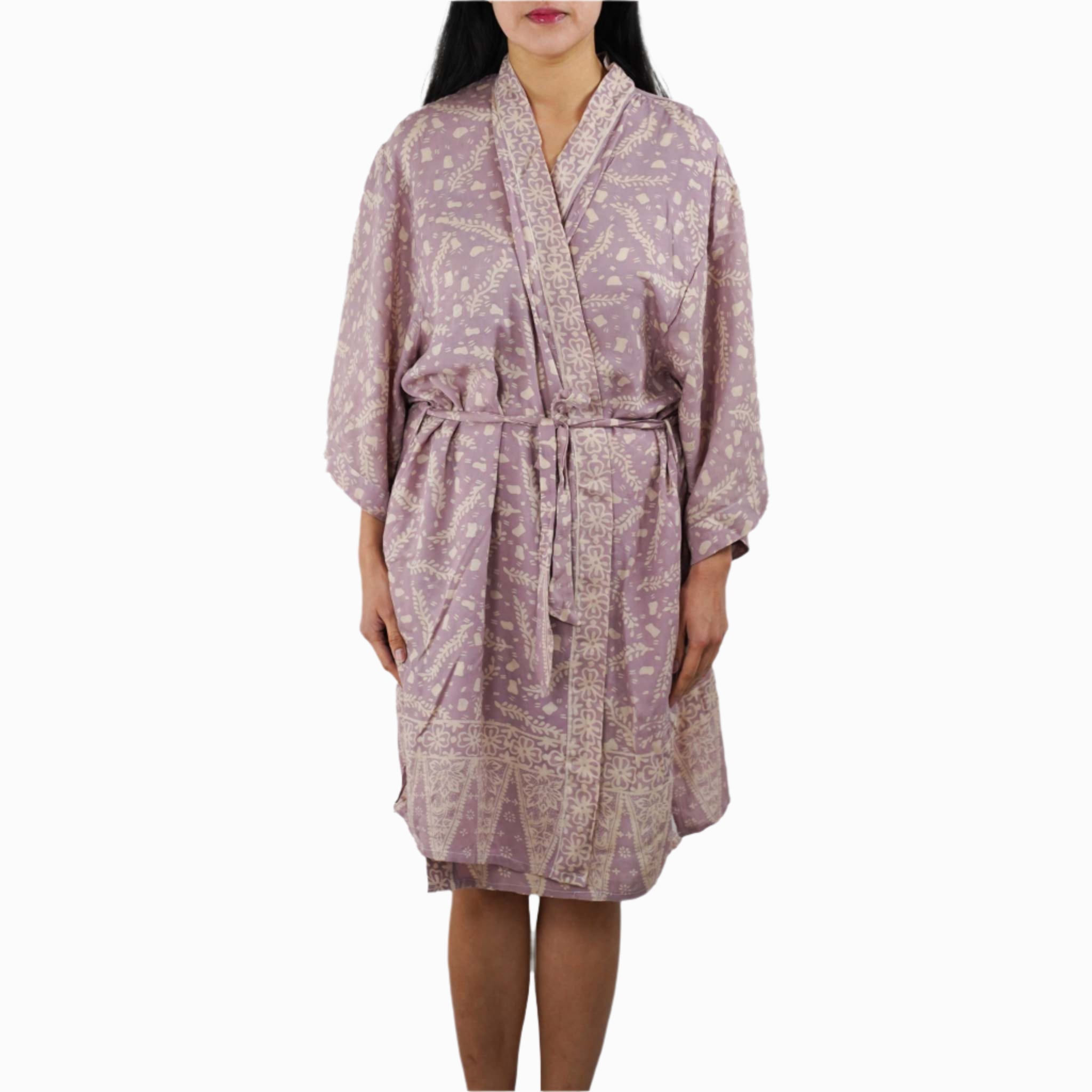 Hand Dyed Batik Robe Kimono, 100% Cotton Soft, Purple Lilac Lavender