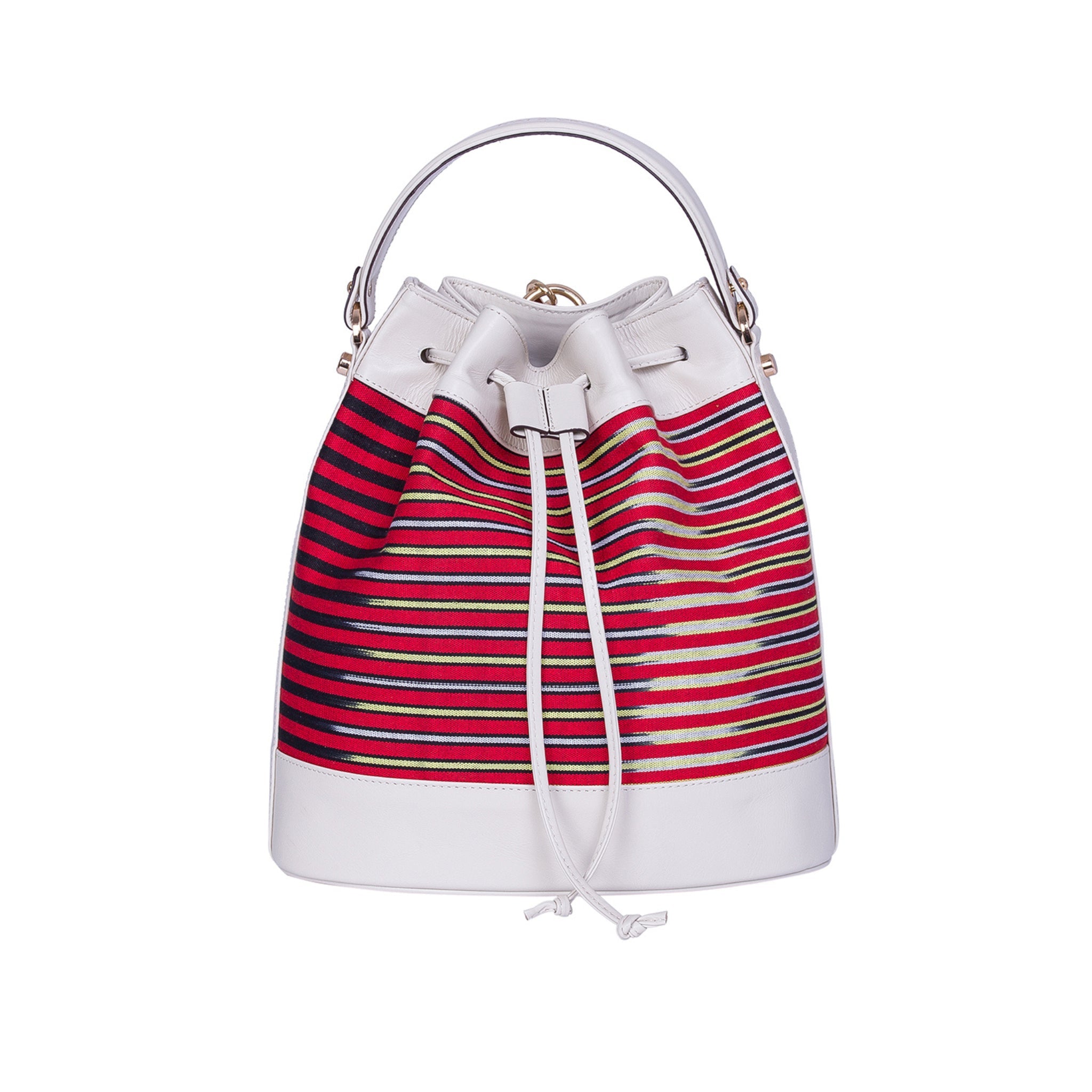 Cream Leather & Striped Fabric Pattern Convertible Bag