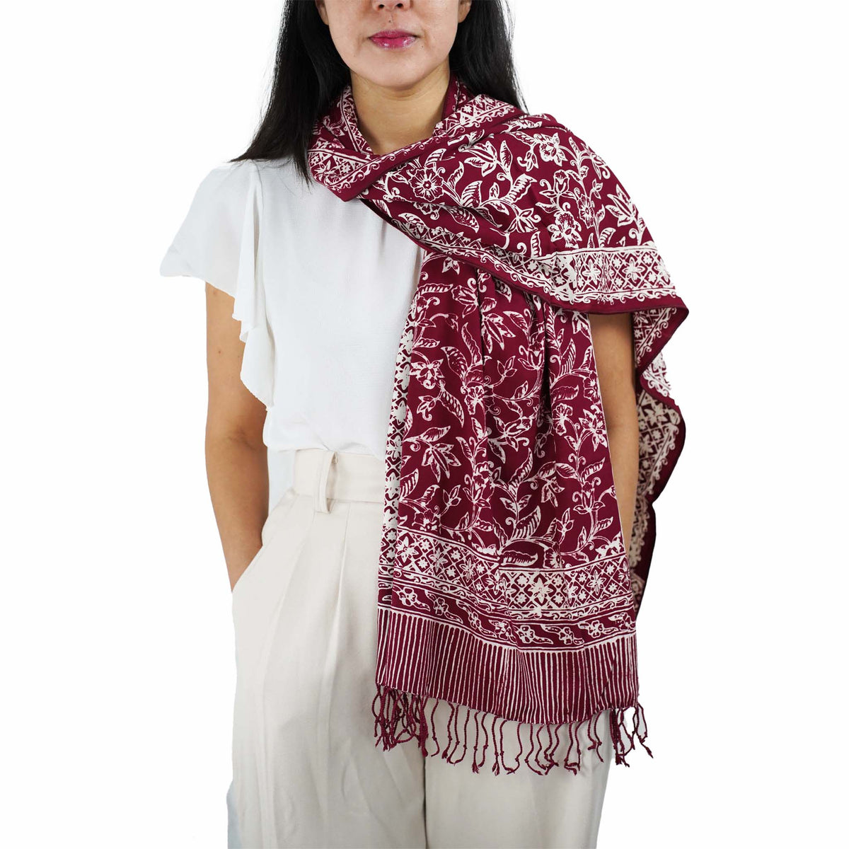 Handmade Batik Scarf, soft Cotton, Red White Cherish, Burgundy