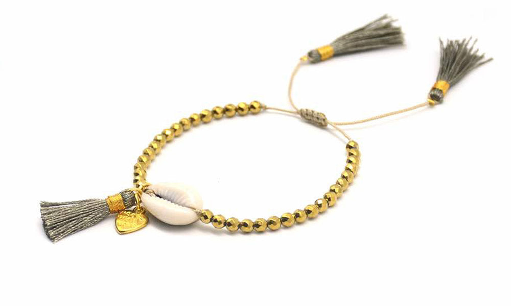 Beaded Shell Tassel Bracelet Gray Olive