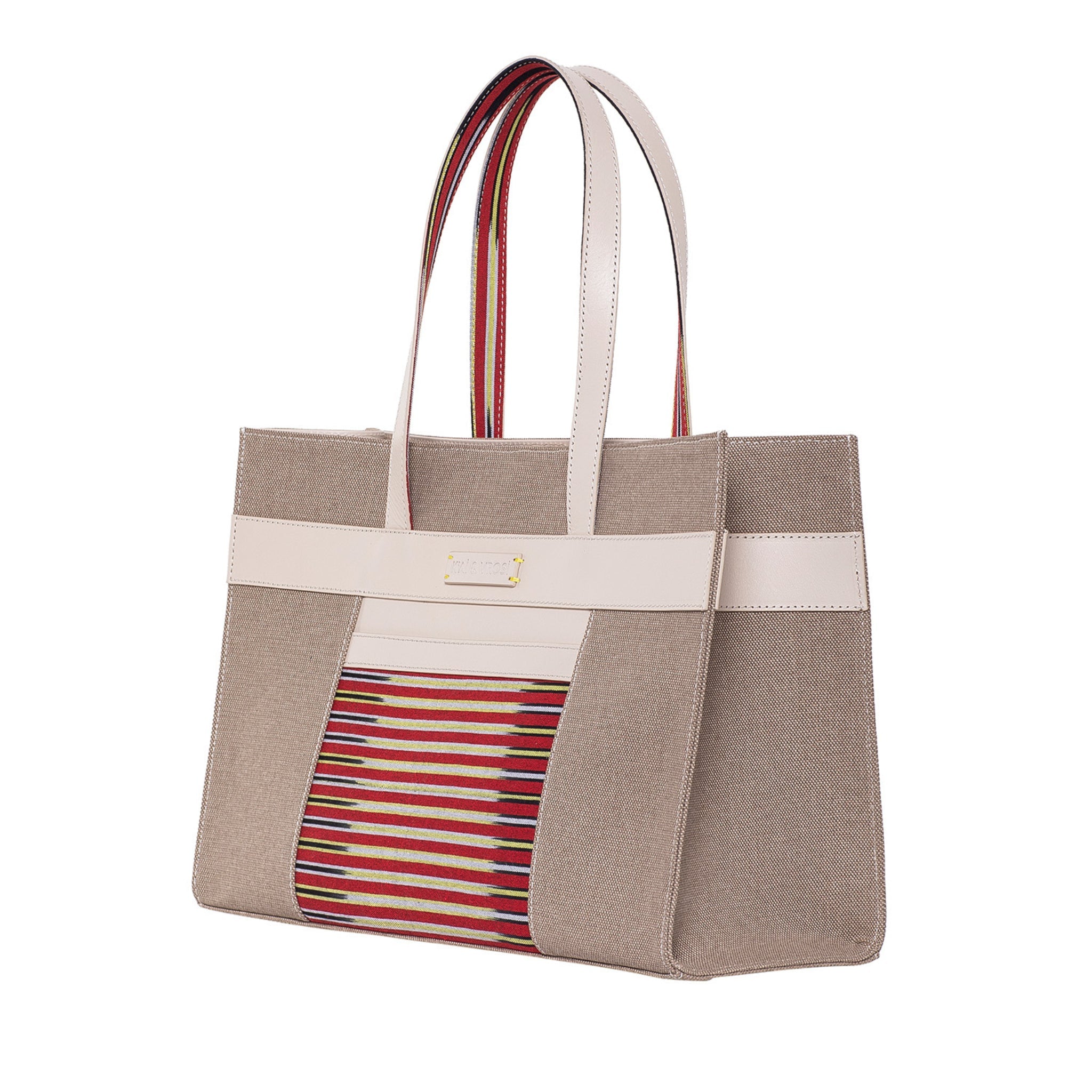 Cream Leather & Canvas Tote Bag with Pockets