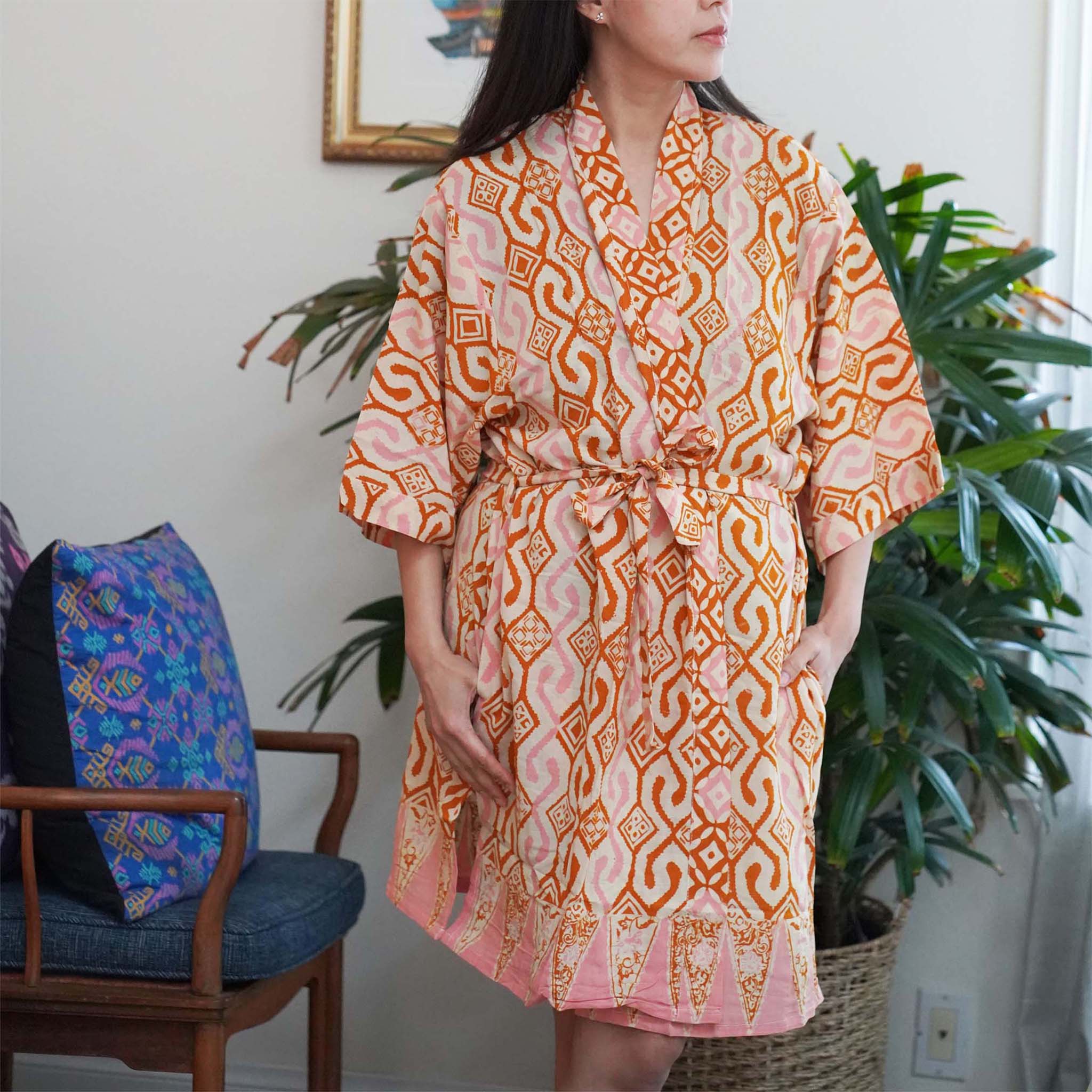 Hand Dyed Batik Robe Kimono, 100% Cotton Soft, Orange Pink Sunset Mosaic, Clementine